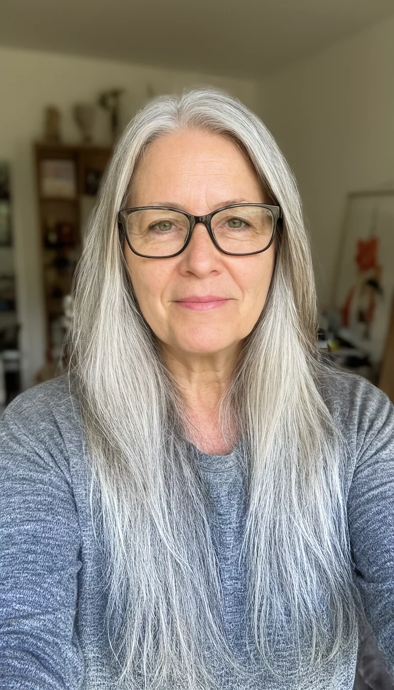 selfie of a 49-year-old woman wearing a grey top with a very long flowing silver-blonde hair and glasses hairstyle, front view, home setting