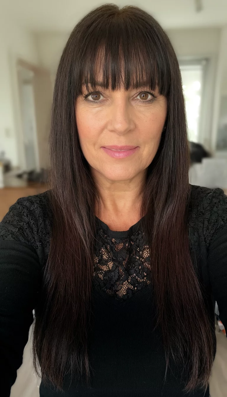 selfie of a 42-year-old woman wearing a black top with lace detail with a long dark brown hair with bangs hairstyle, front view, indoor setting