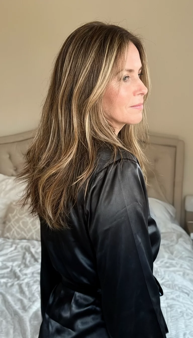 casual photo of a 43-year-old woman wearing a black satin robe with a long layered medium brown hair with blonde highlights hairstyle, side view, bedroom setting