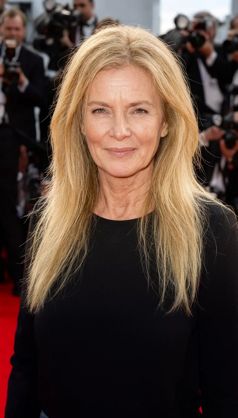 casual photo of a 46-year-old woman wearing a black top with a long blonde hair hairstyle, front view, red carpet background