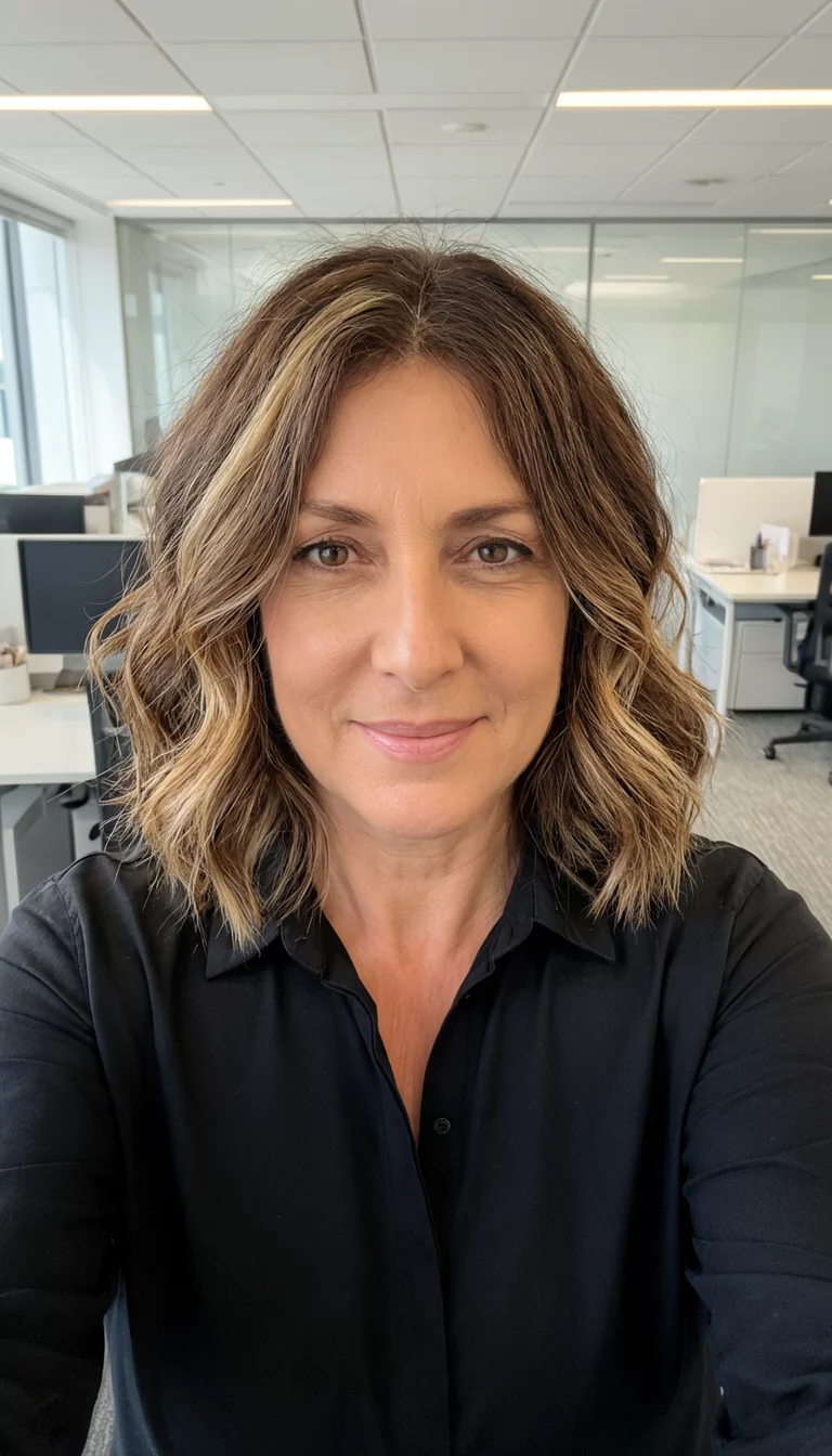 selfie of a 46-year-old woman wearing a black collared shirt with a shoulder-length wavy brown hair with subtle blonde highlights hairstyle, front view, office setting