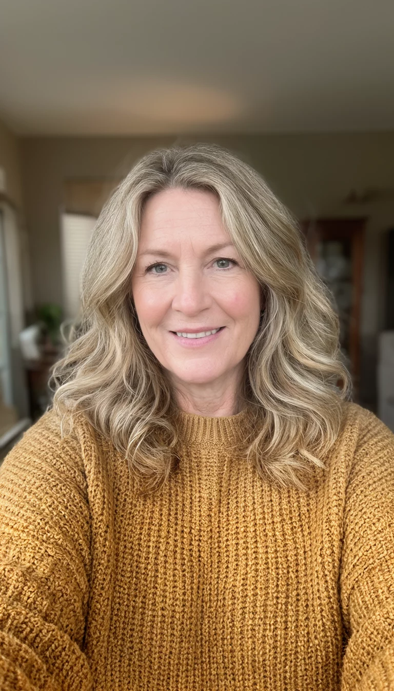 selfie of a 44-year-old woman wearing a tan knit sweater with a medium-length wavy blonde hair hairstyle, front view, cozy indoor setting