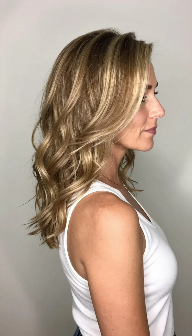 casual photo of a 40-year-old woman wearing a white sleeveless top with a medium-length wavy blonde hair with lighter streaks hairstyle, side view, minimal background