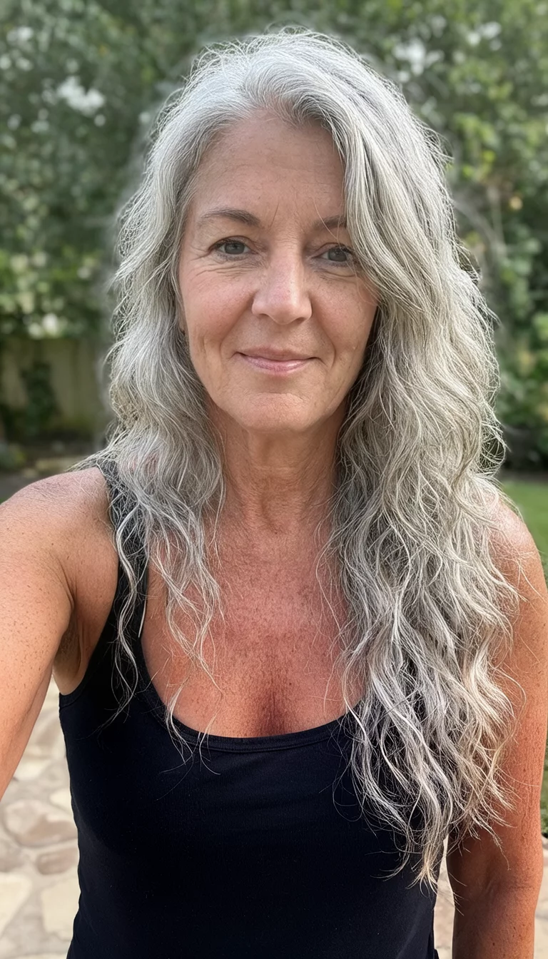 selfie of a 47-year-old woman wearing a black tank top with a very long wavy silver-blonde hair hairstyle, front view, outdoor lighting