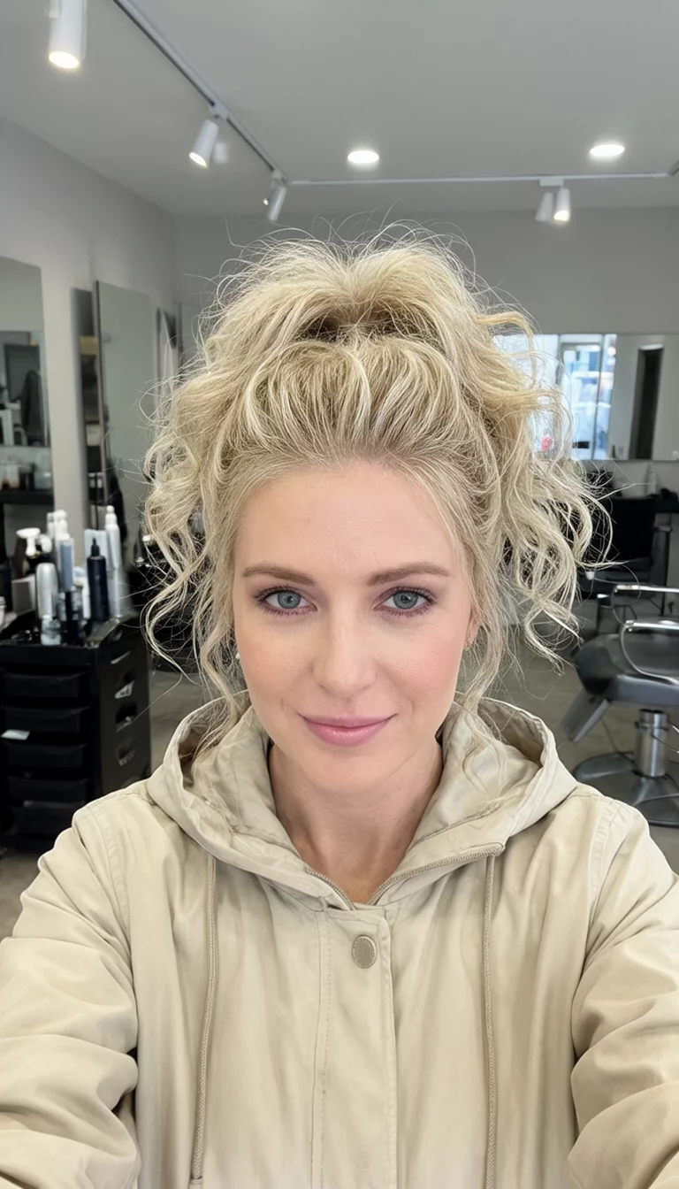 Curls And Hoodies selfie of a 30-year-old woman wearing a light beige hooded jacket with a very light blonde, voluminous hair styled in a high, messy ponytail with loose curls hairstyle, front view, salon setting