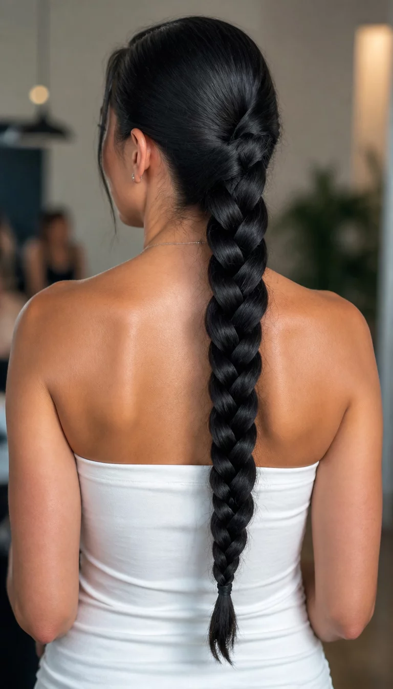 The Thick Braided Power photo of a 35-year-old woman wearing a white strapless top with a black hair styled into a thick, braided ponytail hairstyle, back view, slightly blurred background