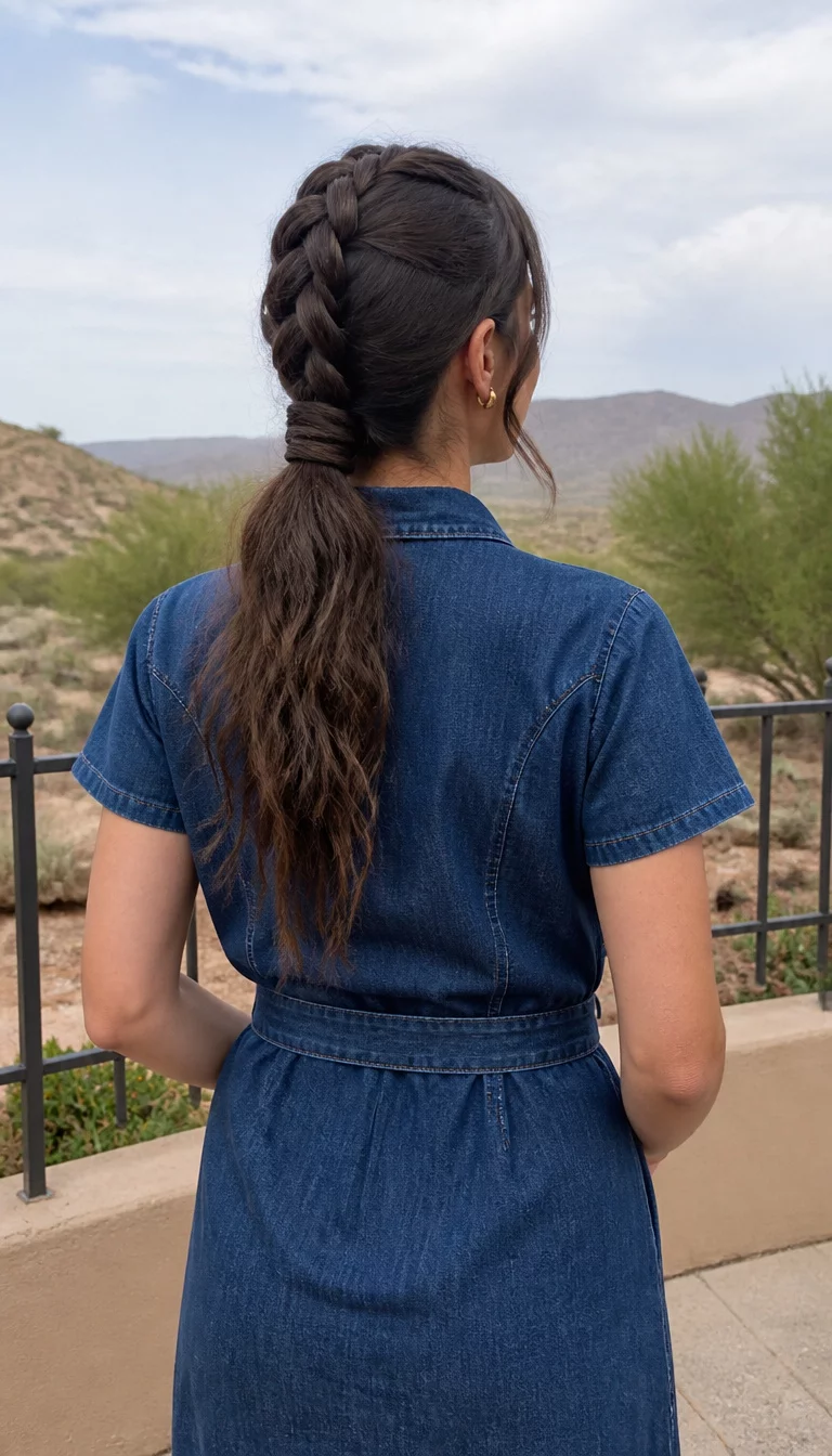Intricately Braided Blue casual photo of a 29-year-old woman wearing a blue denim dress with a dark brown hair styled in an intricately woven braid that forms a ponytail hairstyle, back view, outdoor background