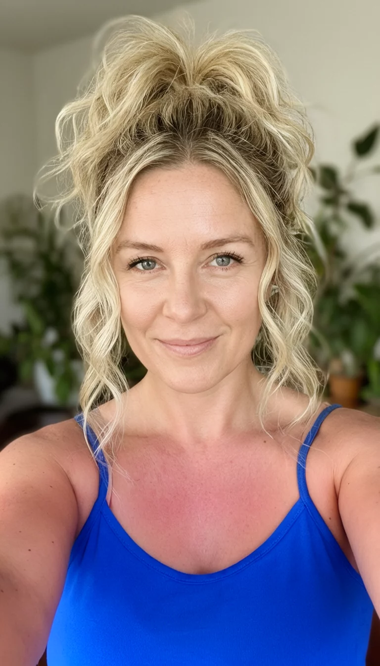 Blue Camisole Messy Volume selfie of a 30-year-old woman wearing a blue camisole with a blonde, wavy hair styled in a high, voluminous, and slightly messy ponytail hairstyle, front view, blurred interior background with plants