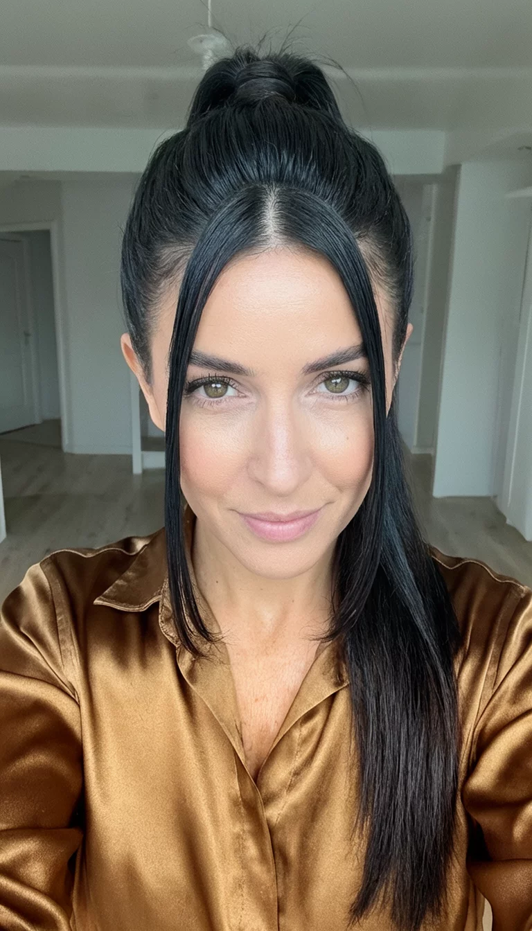 Bronze Satin Sleekness selfie of a 31-year-old woman wearing a bronze satin shirt with a dark hair in a high, sleek ponytail with a side part and face-framing tendrils hairstyle, front view, interior background