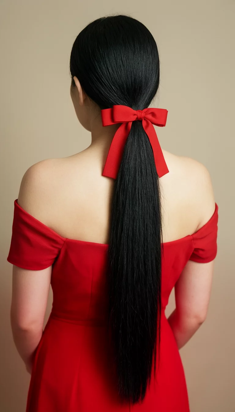 The Red Ribbon Sleekness casual photo of a 36-year-old woman wearing an off-the-shoulder red dress with a long, straight black hair in a sleek ponytail adorned with a red ribbon hairstyle, back view, neutral-toned background