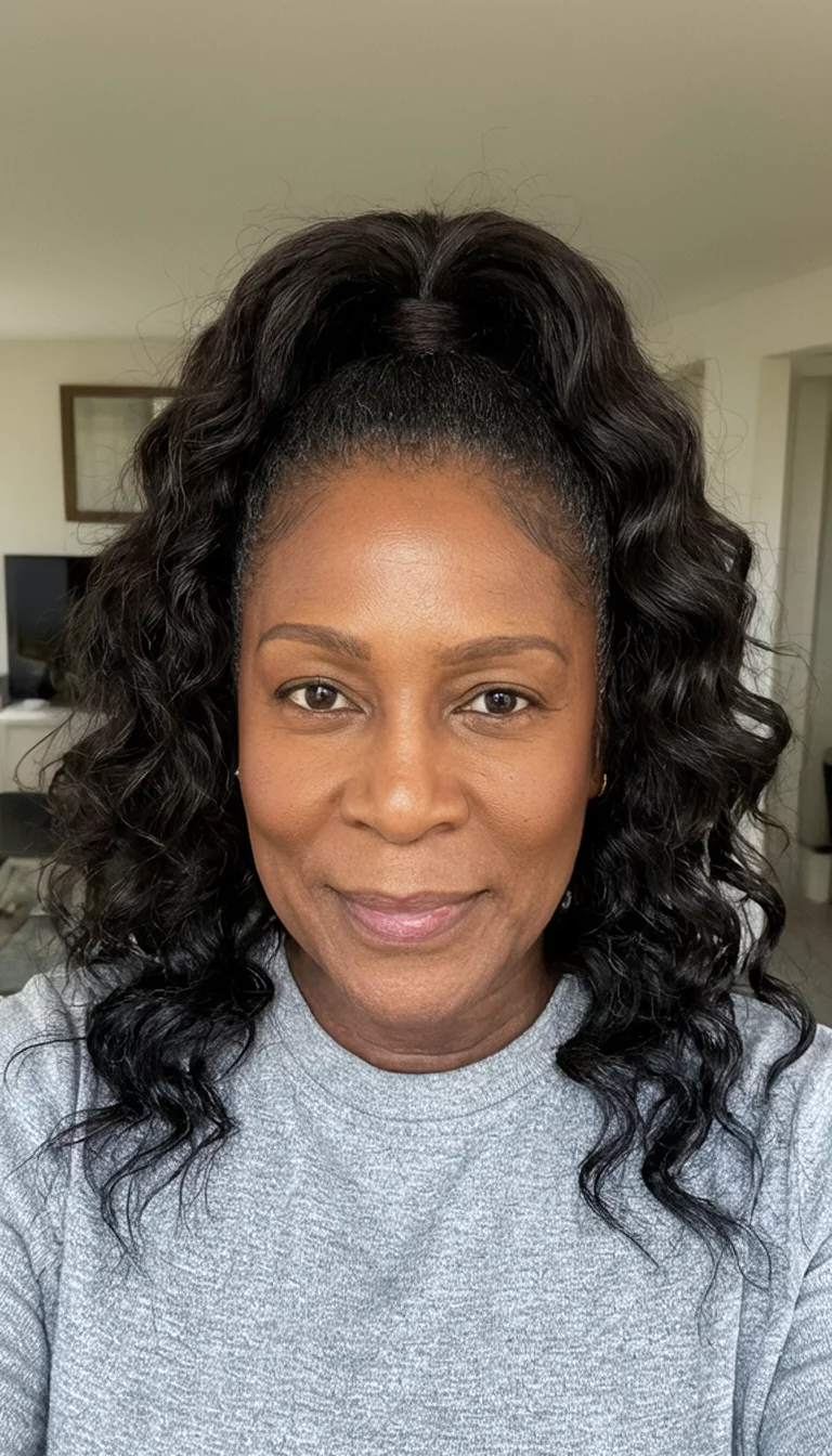 selfie of a 40-year-old black woman wearing a grey top with a high, voluminous ponytail featuring cascading dark, wavy curls hairstyle, front view, indoor background