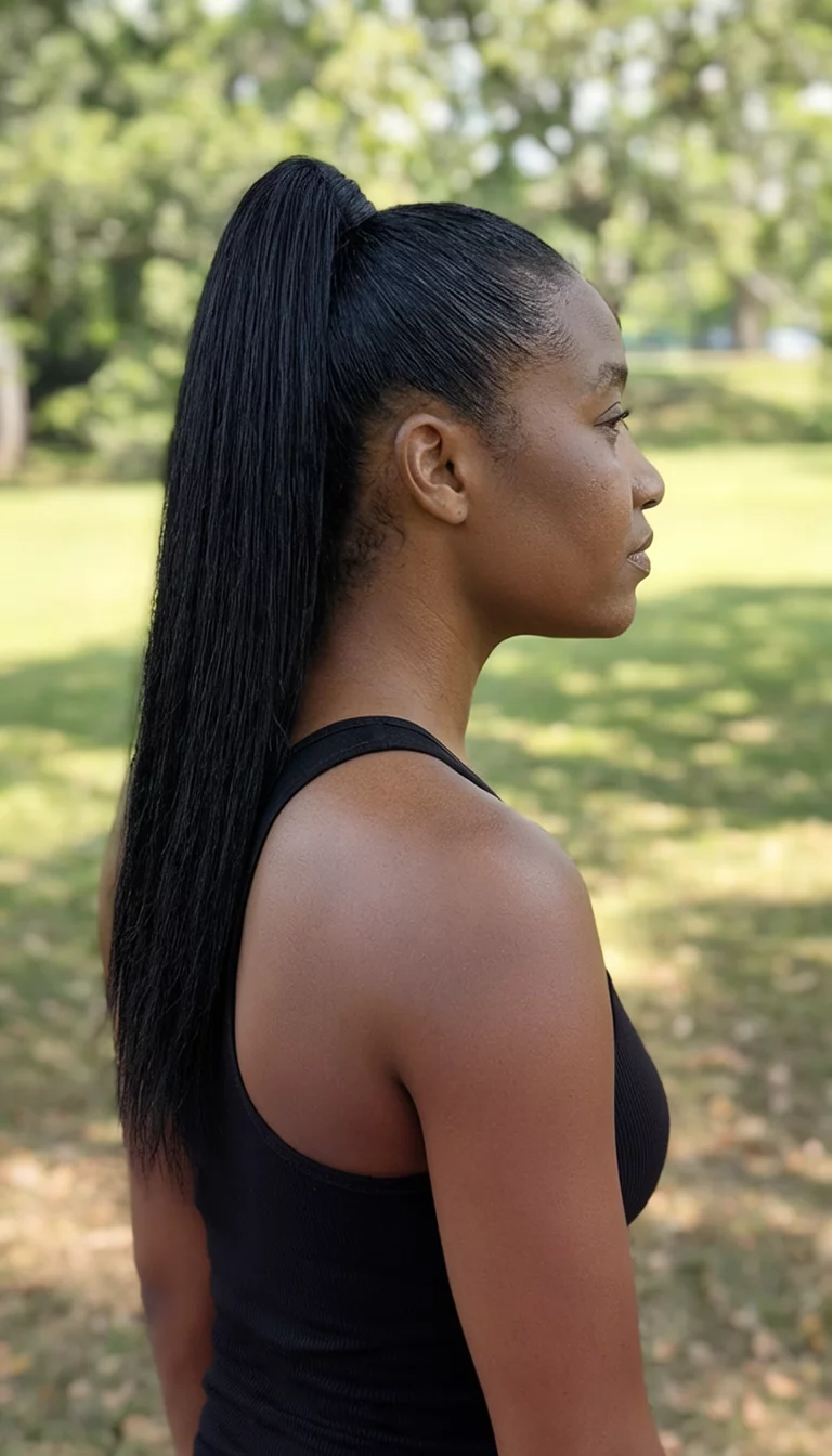 casual photo of a 33-year-old black woman wearing a black tank top with very straight, black hair in a high ponytail hairstyle, side view, outdoor background