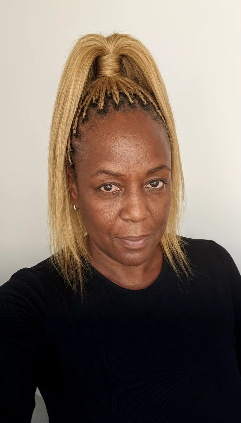 selfie of a 42-year-old black woman wearing a black top with a honey-blonde hair in a very high, straight ponytail with small braids near the temple hairstyle, front view, neutral background
