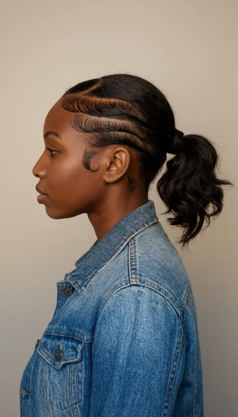 casual photo of a 32-year-old black woman wearing a denim jacket with a stylish, low side ponytail with sculpted edges hairstyle, side profile view, neutral background
