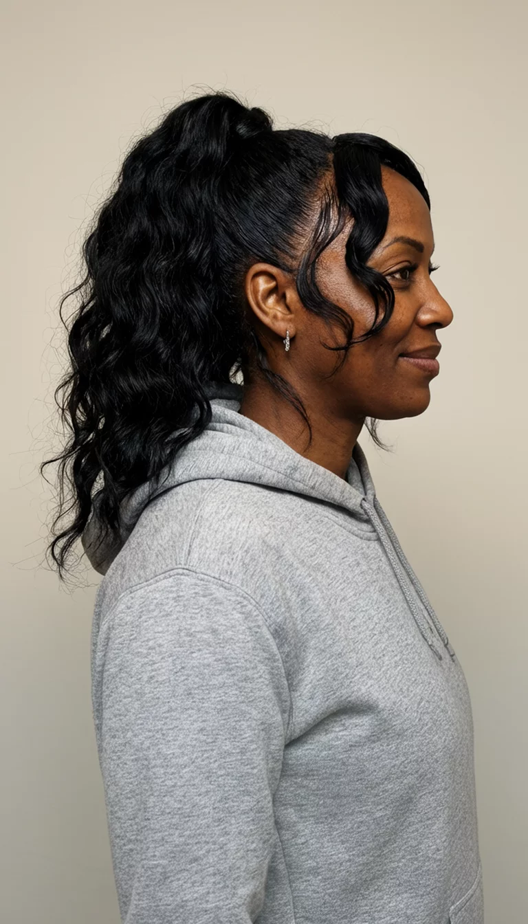 casual photo of a 35-year-old black woman wearing a grey hoodie with black, wavy hair styled in a high ponytail with face-framing layers hairstyle, side view, neutral background
