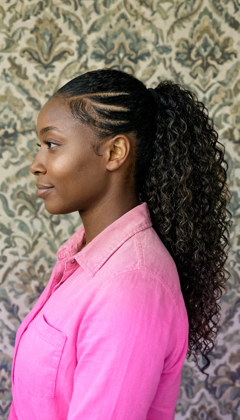 casual photo of a 36-year-old black woman wearing a pink collared shirt with a low side ponytail with voluminous curls and styled edges hairstyle, side view, patterned background