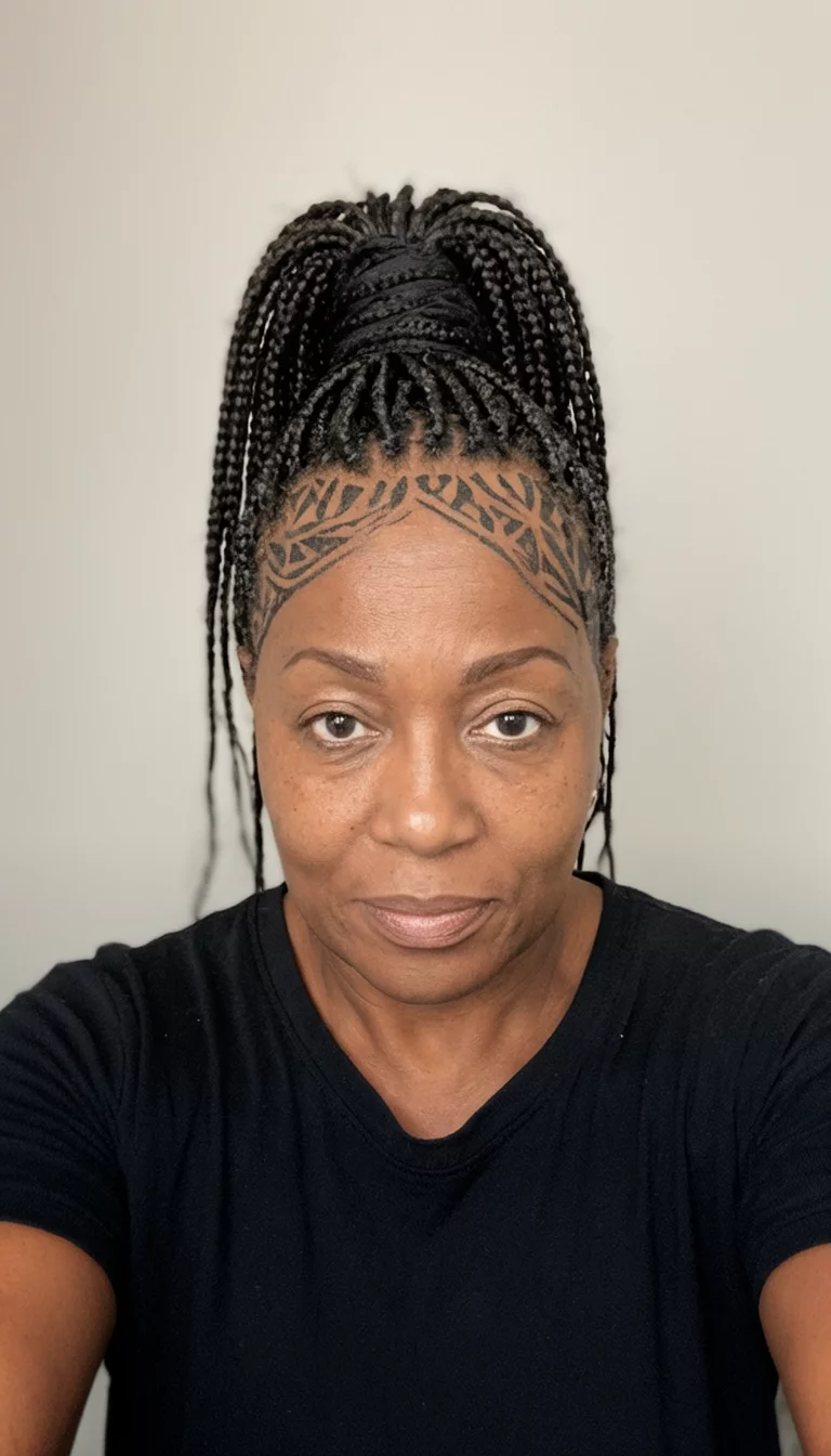 selfie of a 49-year-old black woman wearing a black shirt with a very high ponytail made of numerous thin braids and a patterned scalp hairstyle, front view, neutral background