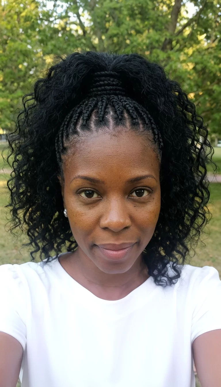 selfie of a 39-year-old black woman wearing a white top with black, curly hair pulled into a high ponytail with braided accents hairstyle, front view, outdoor background