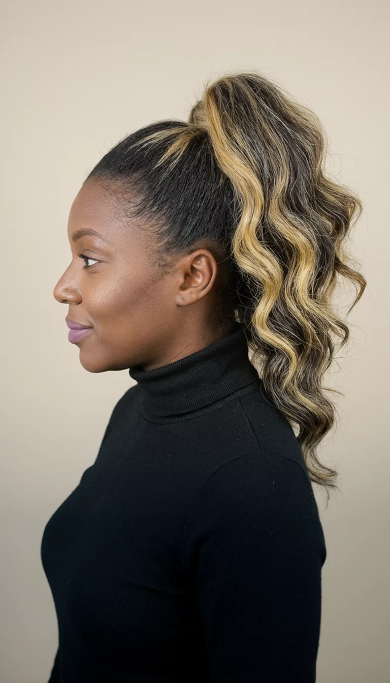 casual photo of a 37-year-old black woman wearing a black turtleneck with dark hair featuring prominent blonde highlights styled in a high, voluminous, wavy ponytail hairstyle, side profile view, neutral background