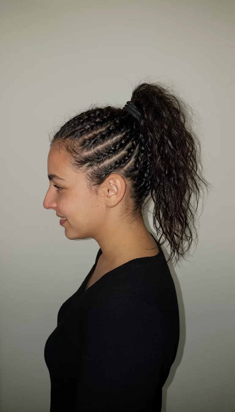 Thin Braid Profile casual photo of a 29-year-old woman wearing a black top with a dark hair styled into a high ponytail made of numerous thin braids hairstyle, side view, neutral background