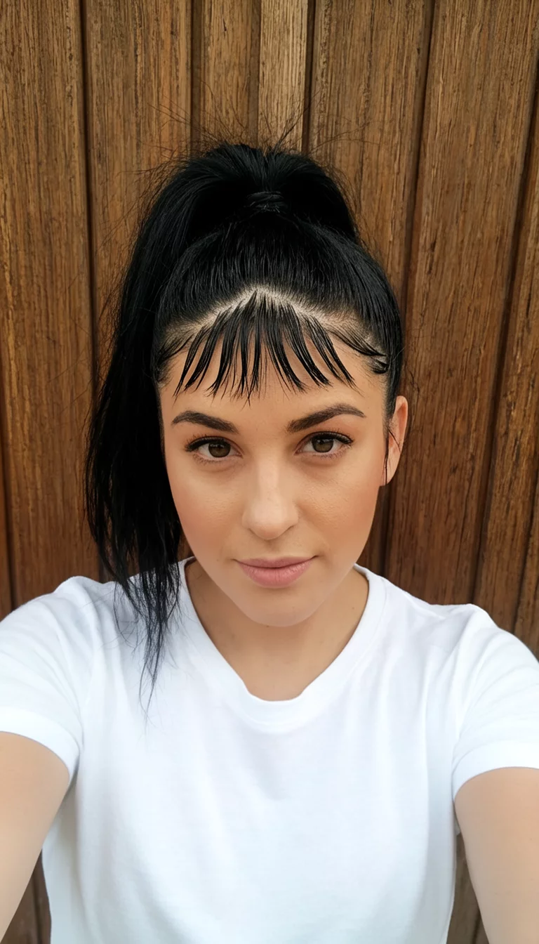Sleek Bangs And Baby Hairs selfie of a 27-year-old woman wearing a white t-shirt with a black hair styled in a high ponytail with choppy bangs and sleek baby hairs hairstyle, front view, wooden background