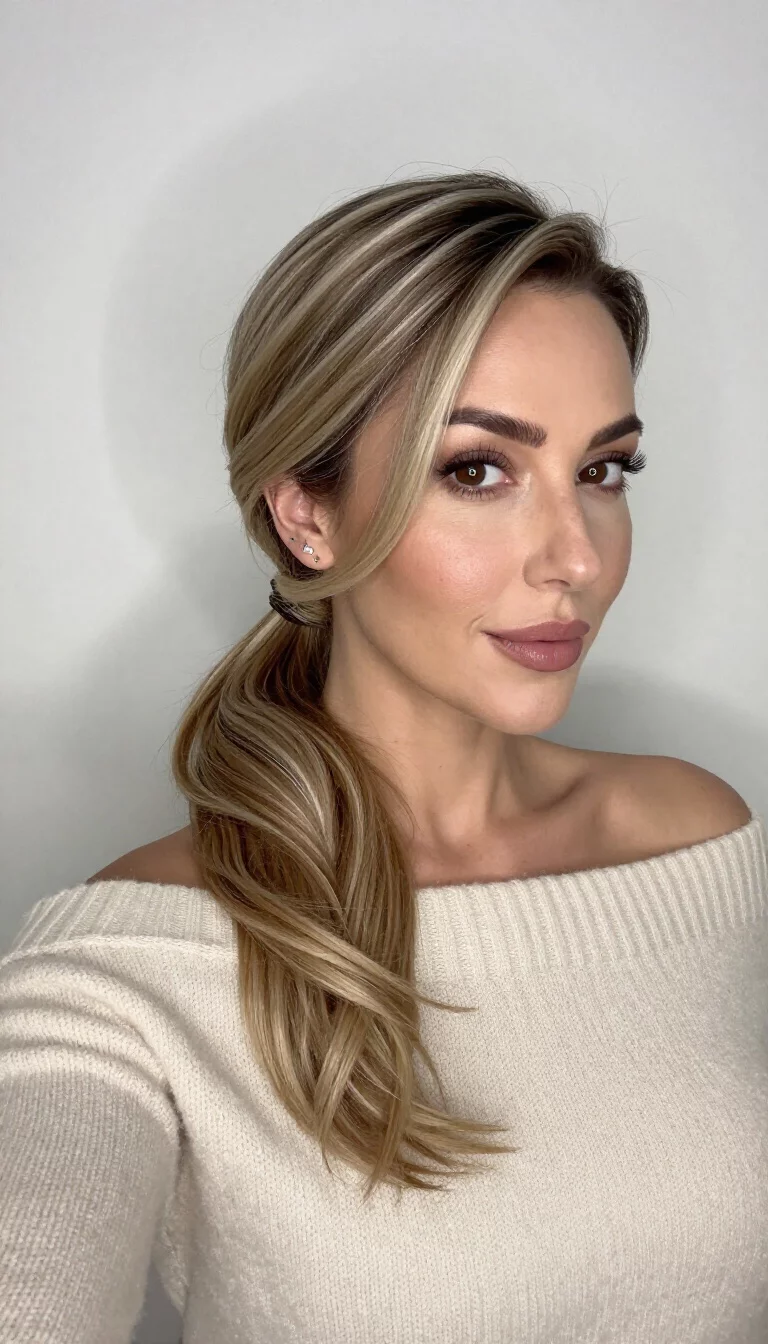 Twisted Cream Low Tail selfie of a 38-year-old woman wearing a cream-colored off-the-shoulder sweater with a blonde and brown hair in a low, voluminous ponytail with a twisted detail hairstyle, front view, plain light wall