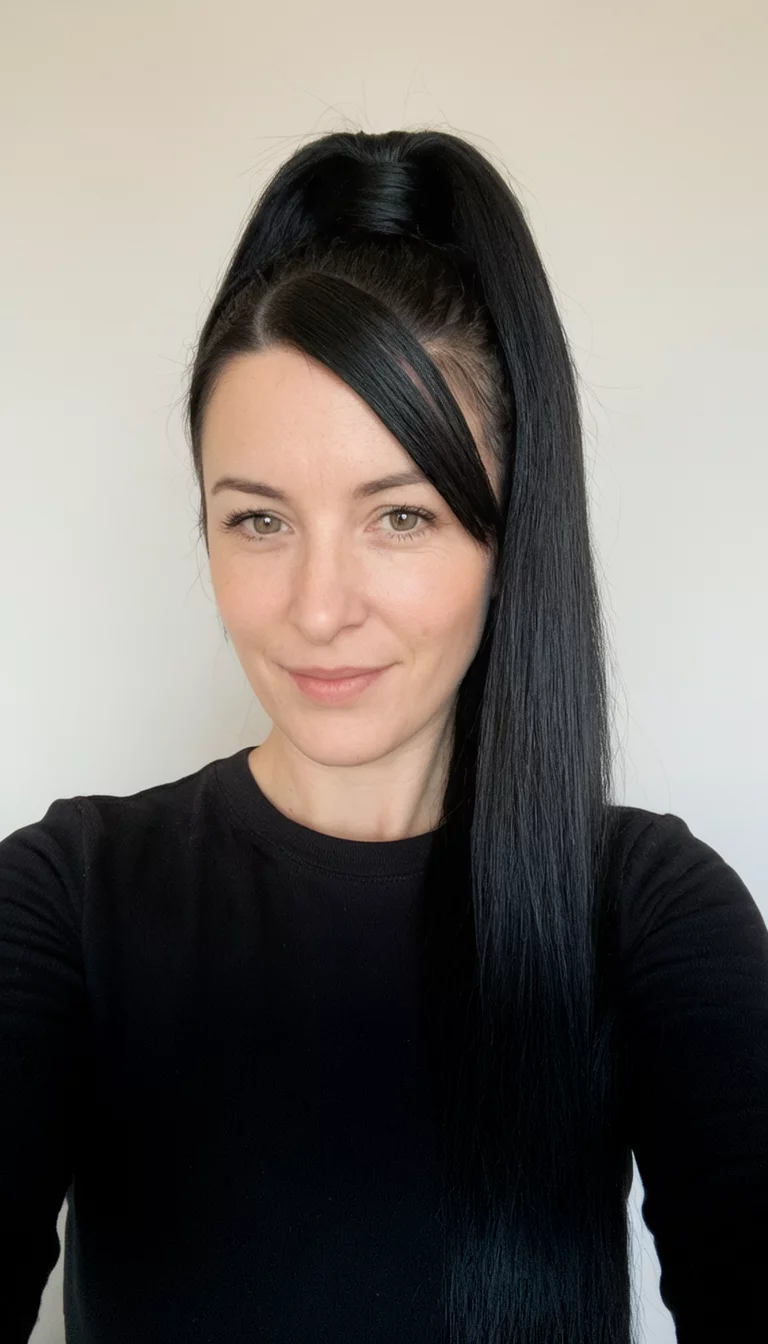 The Pronounced Side Part selfie of a 36-year-old woman wearing a black top with a long, straight black hair styled in a sleek, high ponytail with a pronounced side part hairstyle, front view, neutral background