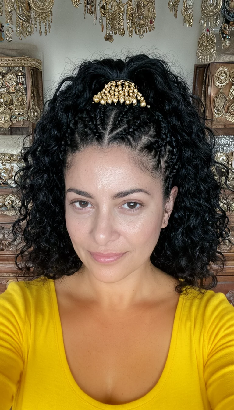 Braids And Golden Beads selfie of a 34-year-old woman wearing a yellow top with a black curly hair styled in a high ponytail with intricate braided details and gold beads hairstyle, front view, ornate accessories background
