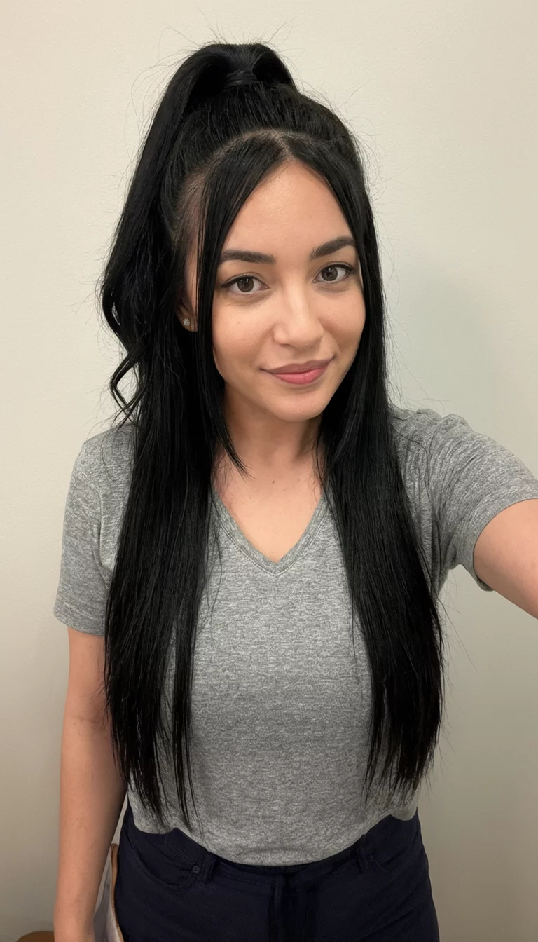 Streaming Side Strands selfie of a 27-year-old woman wearing a grey v-neck t-shirt and dark pants with a long, straight black hair styled into a high ponytail with flowing side strands hairstyle, front view, neutral background