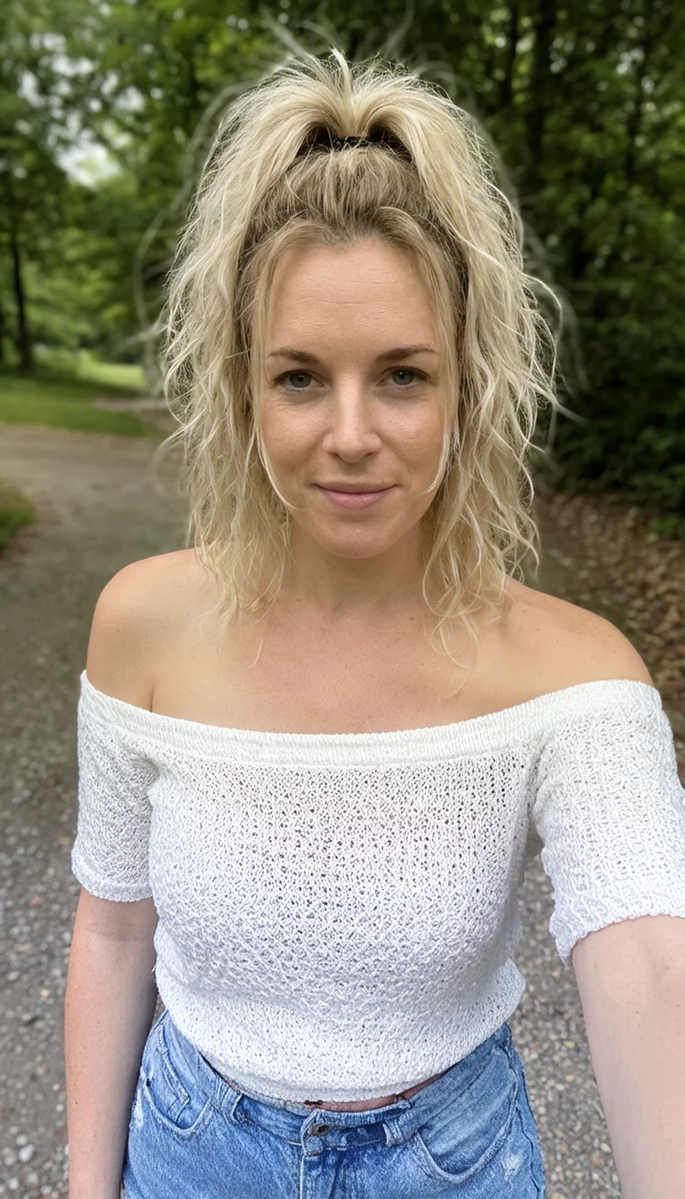 Denim And Waves selfie of a 27-year-old woman wearing an off-the-shoulder white knitted top and denim shorts with a light blonde, wavy hair in a high, textured ponytail with wisps around her face hairstyle, front view, outdoor setting