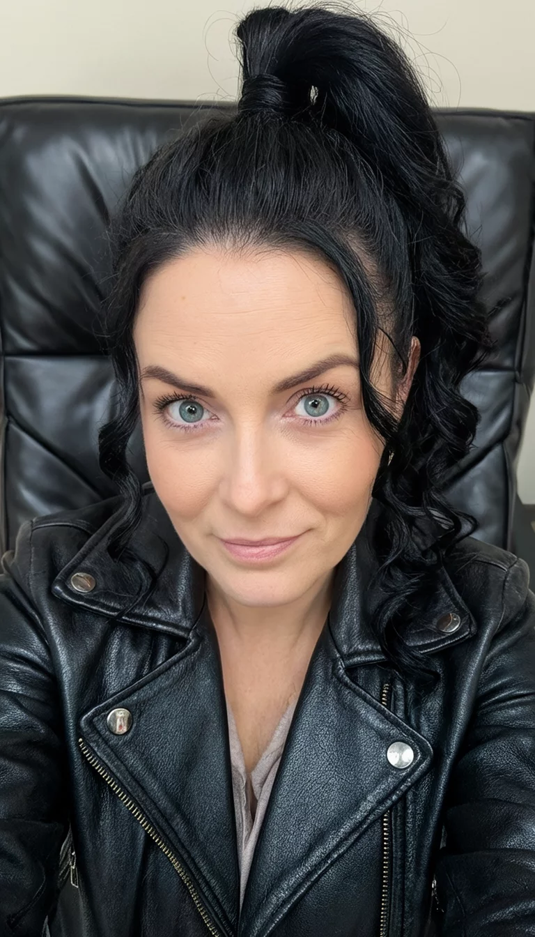 Leather Edge High Curls selfie of a 33-year-old woman wearing a black leather jacket with a black hair styled in a high ponytail with curled side pieces hairstyle, front view, black leather jacket background