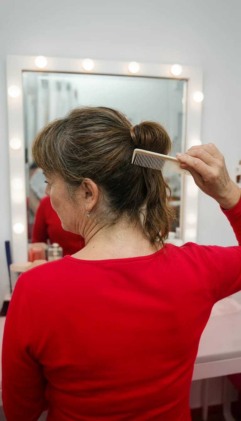 casual photo of a 40-year-old woman wearing a red top creating a low ponytail with a fine-tooth comb, side view, vanity mirror background