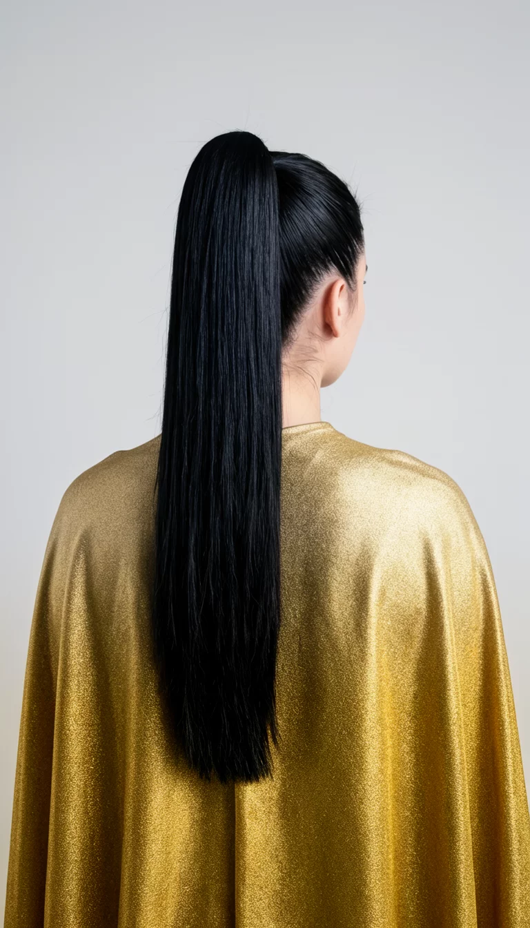 casual photo of a 29-year-old woman wearing a gold cape with a sleek high ponytail that features glossy black hair and a perfectly smoothed crown, back view, studio background