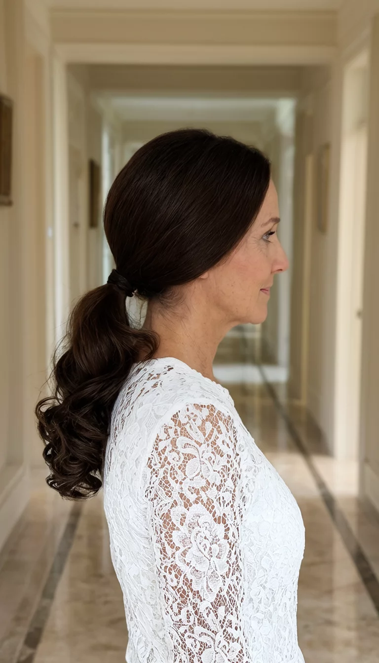 casual photo of a 46-year-old woman wearing a white lace top with a sleek curled low ponytail in dark brown hair, side view, elegant hallway