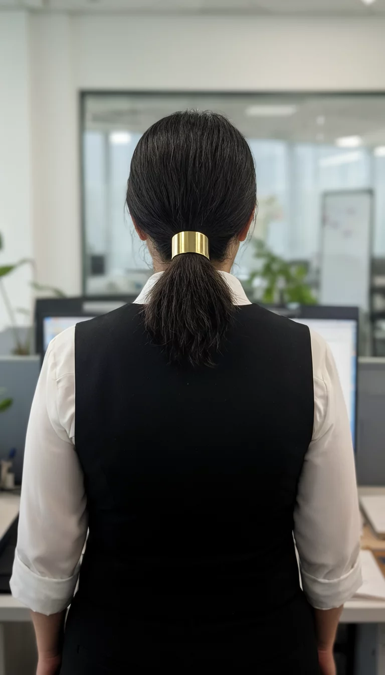 casual photo of a 45-year-old woman wearing a white blouse and black vest with a neat low ponytail secured with a wide metallic gold band, back view, office setting