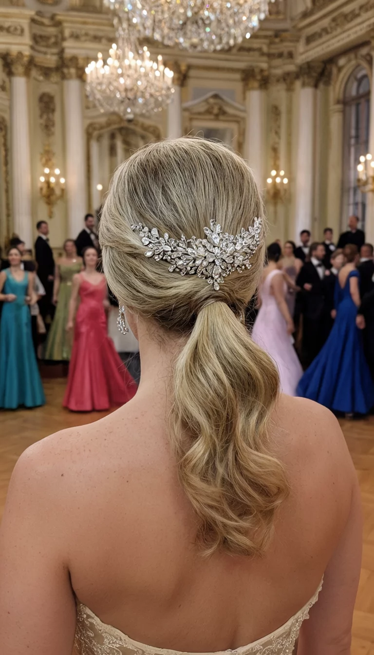casual photo of a 42-year-old woman wearing a delicate jeweled hairpiece with blonde wavy hair in a low ponytail, back view, formal ballroom