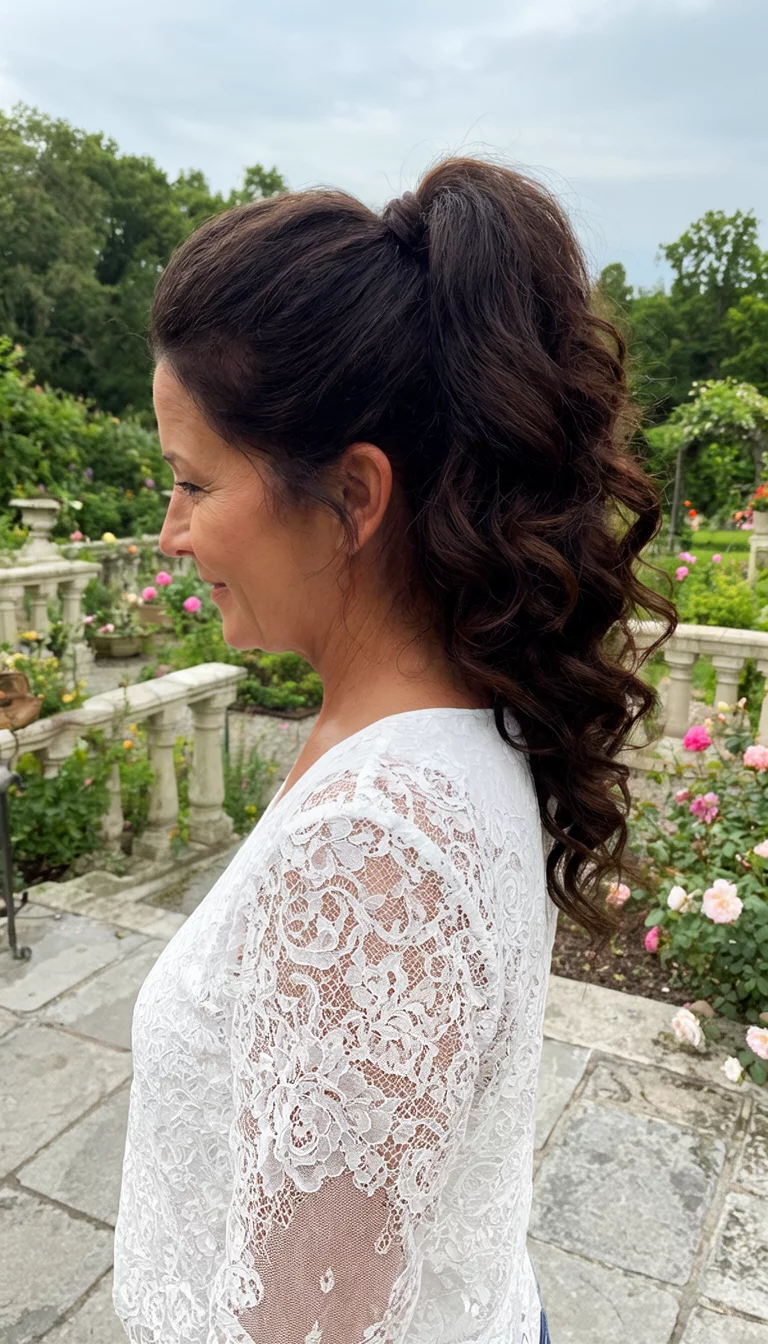 casual photo of a 49-year-old woman wearing a white lace top with dark brown hair in a voluminous curled ponytail, side view, garden terrace
