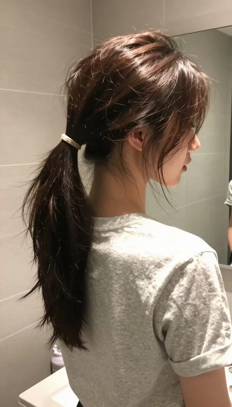casual photo of a 27-year-old woman wearing a casual t-shirt demonstrating a messy low ponytail with loose strands around the face, back view, bathroom set