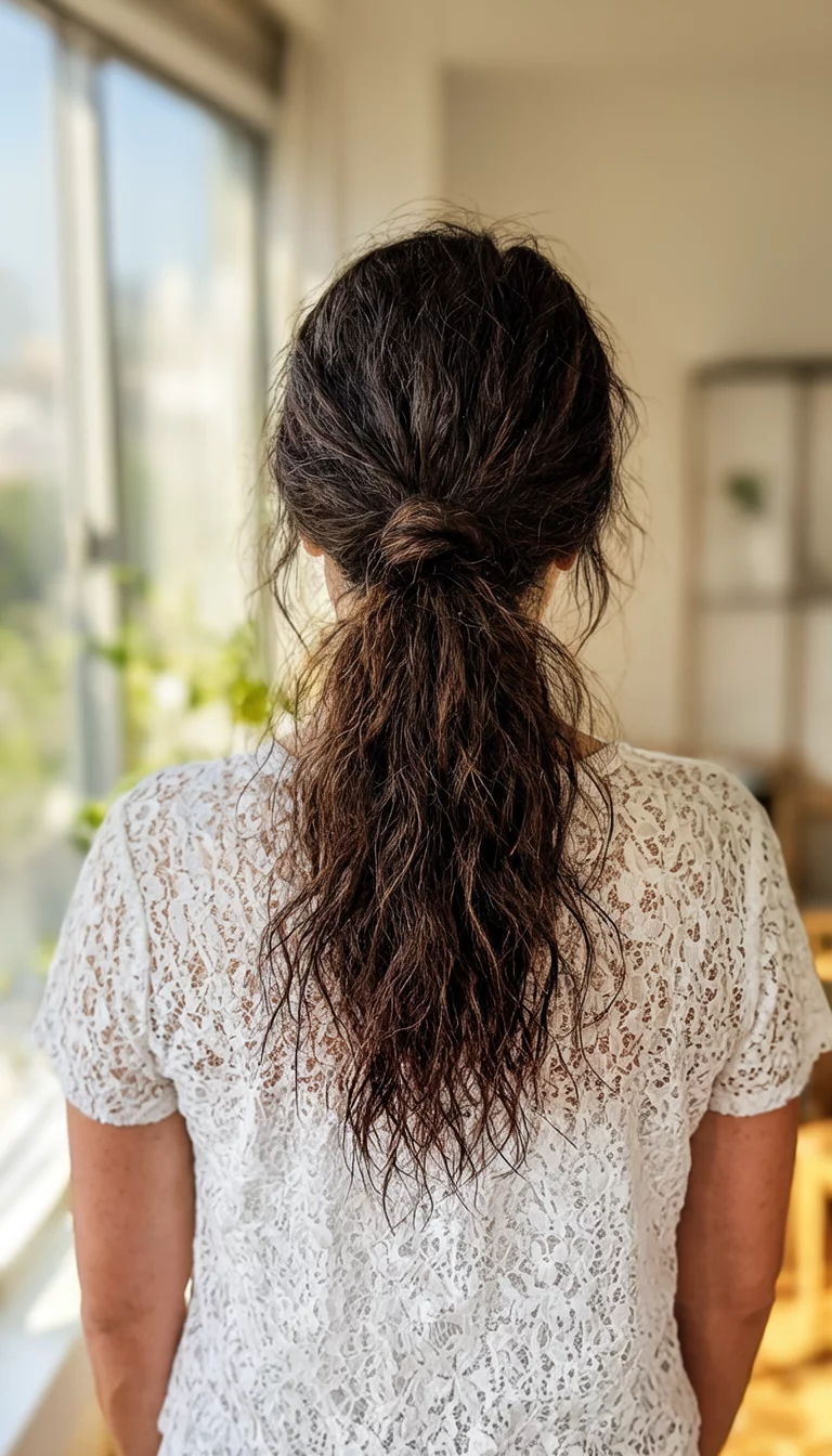 casual photo of a 34-year-old woman wearing a white lace top with a messy textured low ponytail in dark brown hair, back view, sunlit room