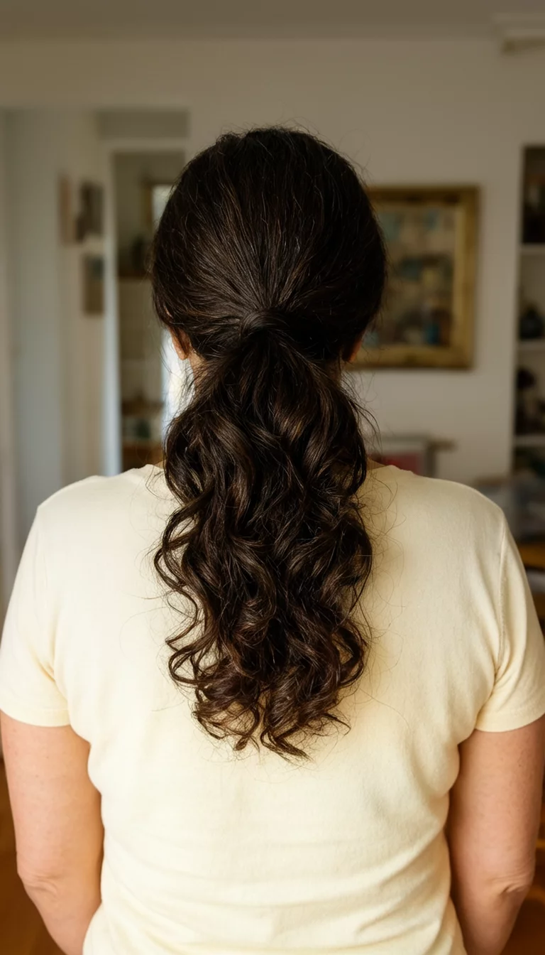 casual photo of a 47-year-old woman wearing a cream-colored top with a voluminous curled low ponytail in dark brown hair, back view, home interior