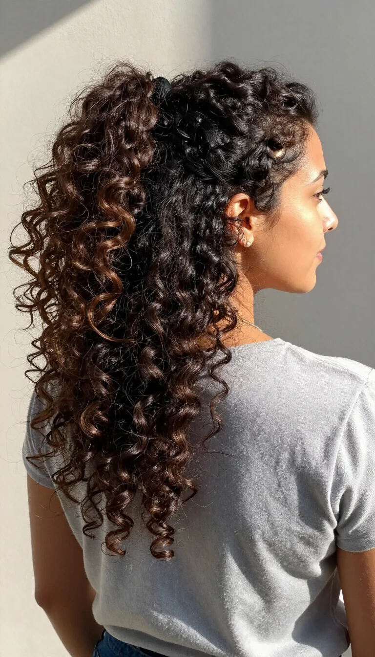 casual photo of a 32-year-old woman wearing a casual top with naturally curly dark hair in a high ponytail, back view, outdoor sunlight