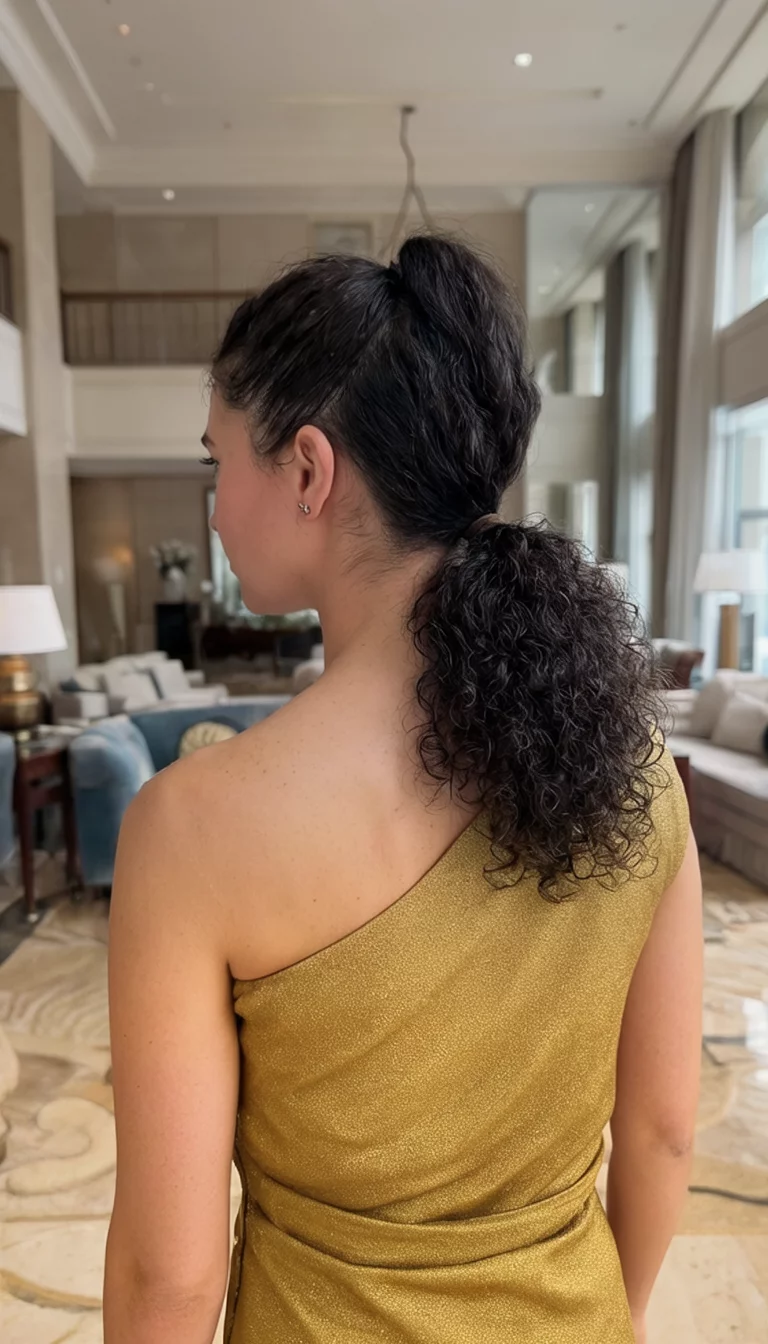 casual photo of a 36-year-old woman wearing a one-shoulder golden top with a textured dark curly side-swept ponytail, side view, elegant lounge