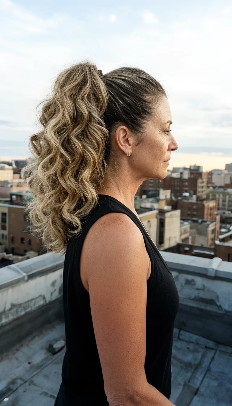 casual photo of a 44-year-old woman wearing a black sleeveless top with a voluminous high ponytail featuring large waves, side view, city rooftop