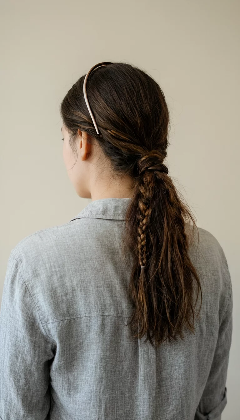casual photo of a 33-year-old woman wearing a casual shirt with a low ponytail featuring multiple small side braids and a thin headband, back view, neutral background