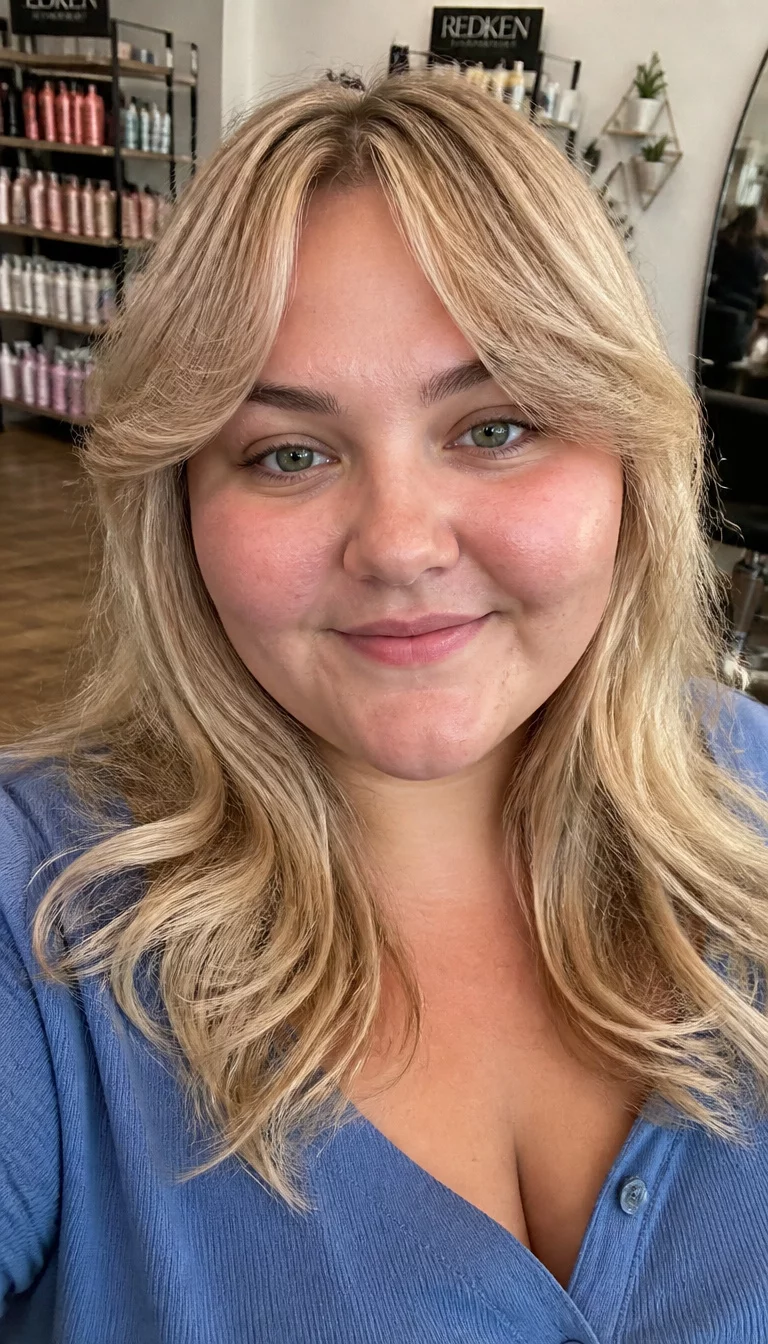 Tousled Texture and Bangs selfie of a 27-year-old plus size Caucasian woman with a chubby face and a small nose. The skin is heavily textured with a complex pattern of light acne scars and a faint, thin scar traversing the left eyebrow. The eyes are deep-set green. She is wearing a blue top with a tousled blonde hairstyle with soft curtain bangs, front view, hair salon background.