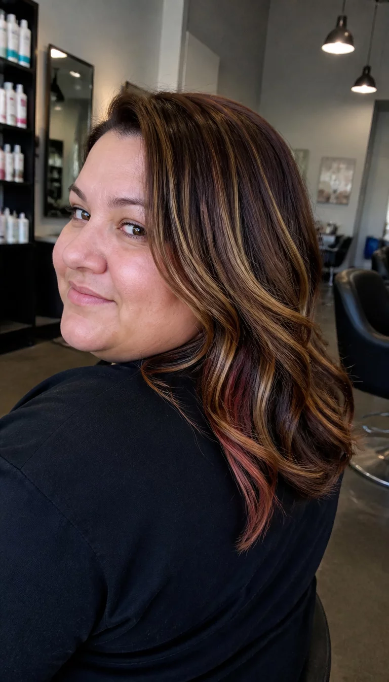 Dimensional Dimensional Highlights and Waves casual photo of a 38-year-old plus size Caucasian woman with a chubby face and a straight nose. The skin is heavily textured with a complex pattern of small moles and a faint, thin scar traversing the left eyebrow. The eyes are deep-set brown. She is wearing a dark top with a dark brown medium hairstyle featuring blonde and reddish brown highlights and loose waves, back view, salon background.