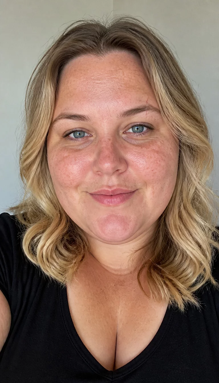 Effortless Blonde Beach Waves selfie of a 31-year-old plus size Caucasian woman with a chubby face and a button nose. The skin is heavily textured with a complex pattern of light freckles and a faint, thin scar traversing the left eyebrow. The eyes are deep-set blue. She is wearing a black top with a blonde wavy medium hairstyle with soft beachy texture and a center part, front view, simple background.