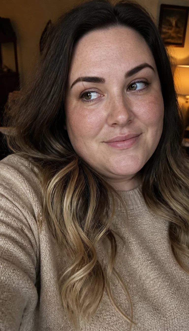 Soft Ombre and Cozy Sweaters selfie of a 32-year-old plus size Caucasian woman with a chubby face and a delicate nose. The skin is heavily textured with a complex pattern of light freckles and a faint, thin scar traversing the left eyebrow. The eyes are deep-set hazel. She is wearing a tan sweater with a dark brown wavy hairstyle with blonde ombre, looking to the side, warm indoor background.