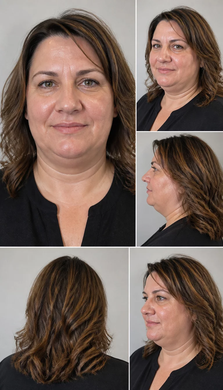 Versatile Medium Cuts for Round Faces casual photo of a 42-year-old plus size Caucasian woman with a chubby face and a wide nose. The skin is heavily textured with a complex pattern of fine lines and a faint, thin scar traversing the left eyebrow. The eyes are deep-set hazel. She is wearing a professional top with a medium length layered hairstyle featuring soft waves, graphic collage view, neutral background.