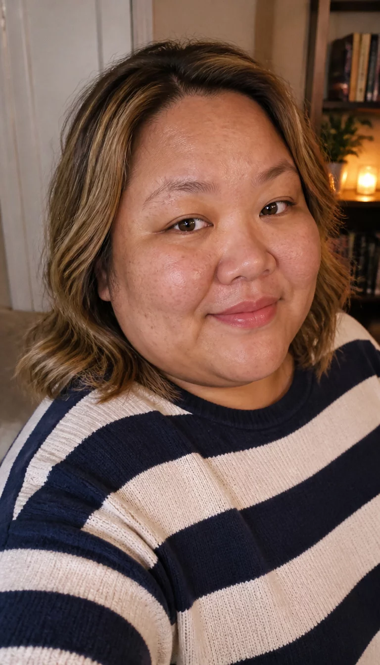Chic Blonde Brown Wavy Bob selfie of a 33-year-old plus size Asian woman with a chubby face and a flat nose. The skin is heavily textured with a complex pattern of light pigment spots and a faint, thin scar traversing the left eyebrow. The eyes are almond-shaped brown. She is wearing a striped sweater with a blonde brown wavy bob hairstyle, three-quarter view, cozy indoor background.